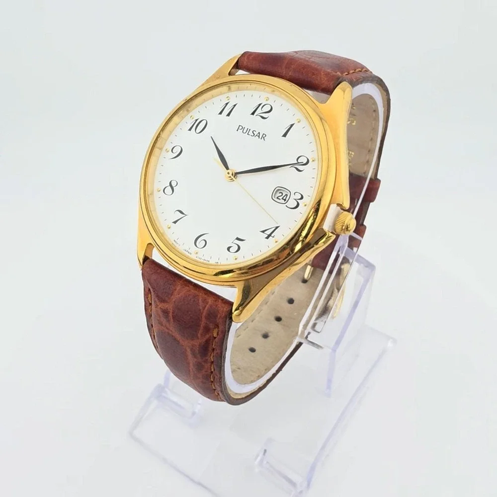 Vtg SEIKO PULSAR Watch Date Indicator Brown Croc Leather Band Gold Tone 8